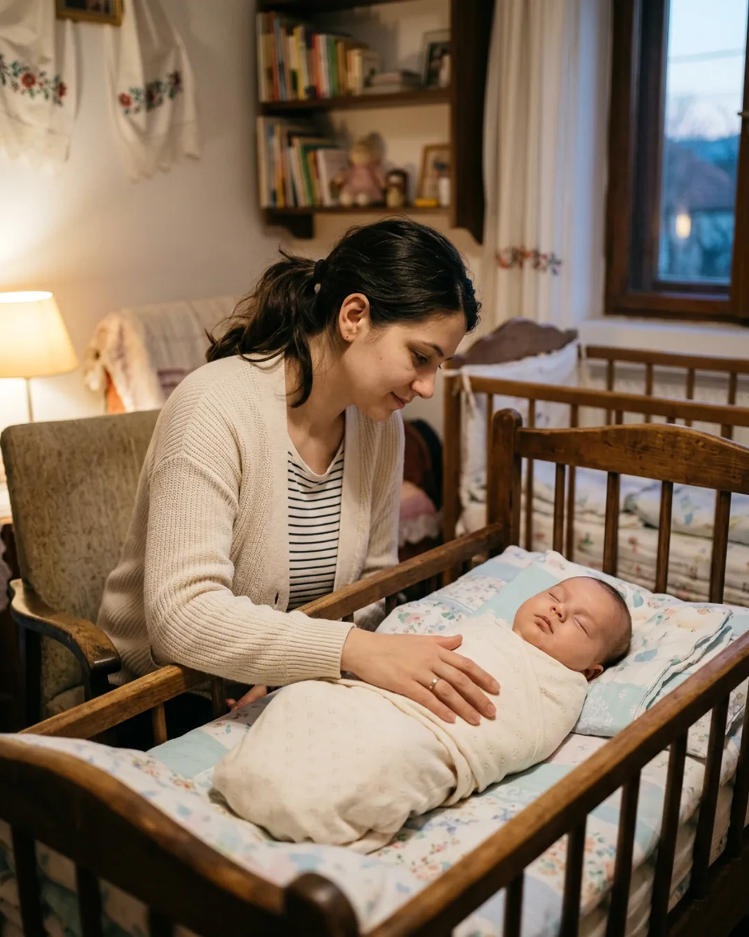 Mama calma alaturi de bebelusul adormit