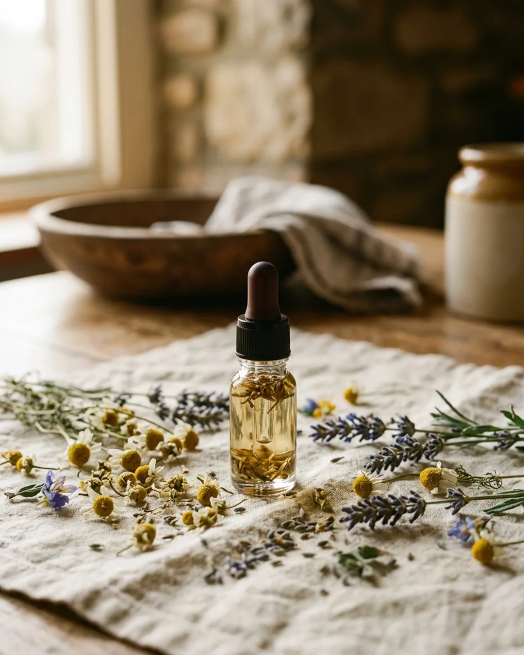 Flacon Somnic printre flori de musetel si lavanda